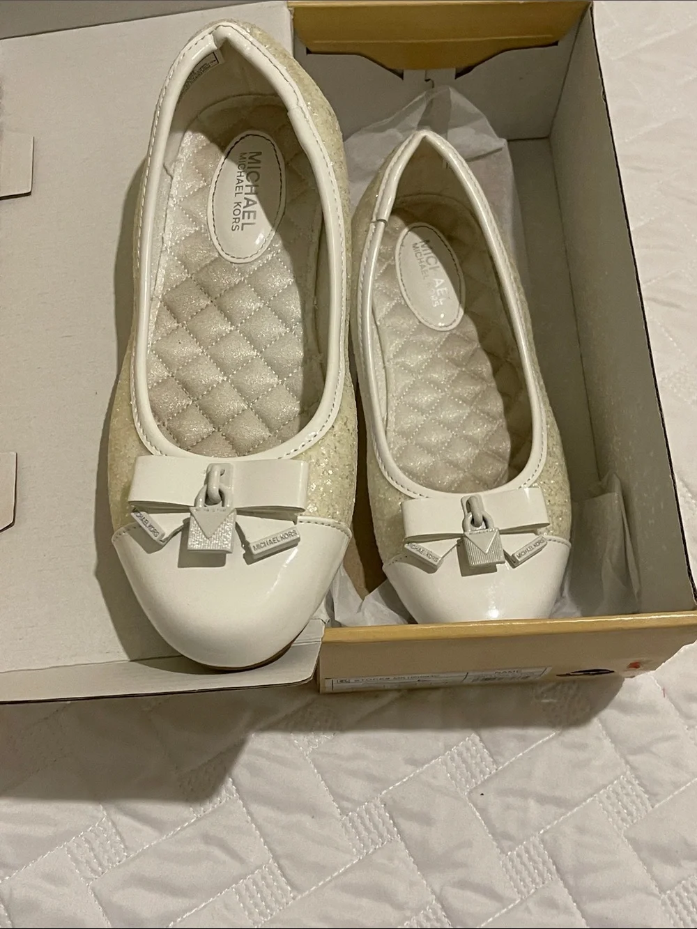 Michael Kors Cream Glitter Quilted Ballet Flats with Bow Detail